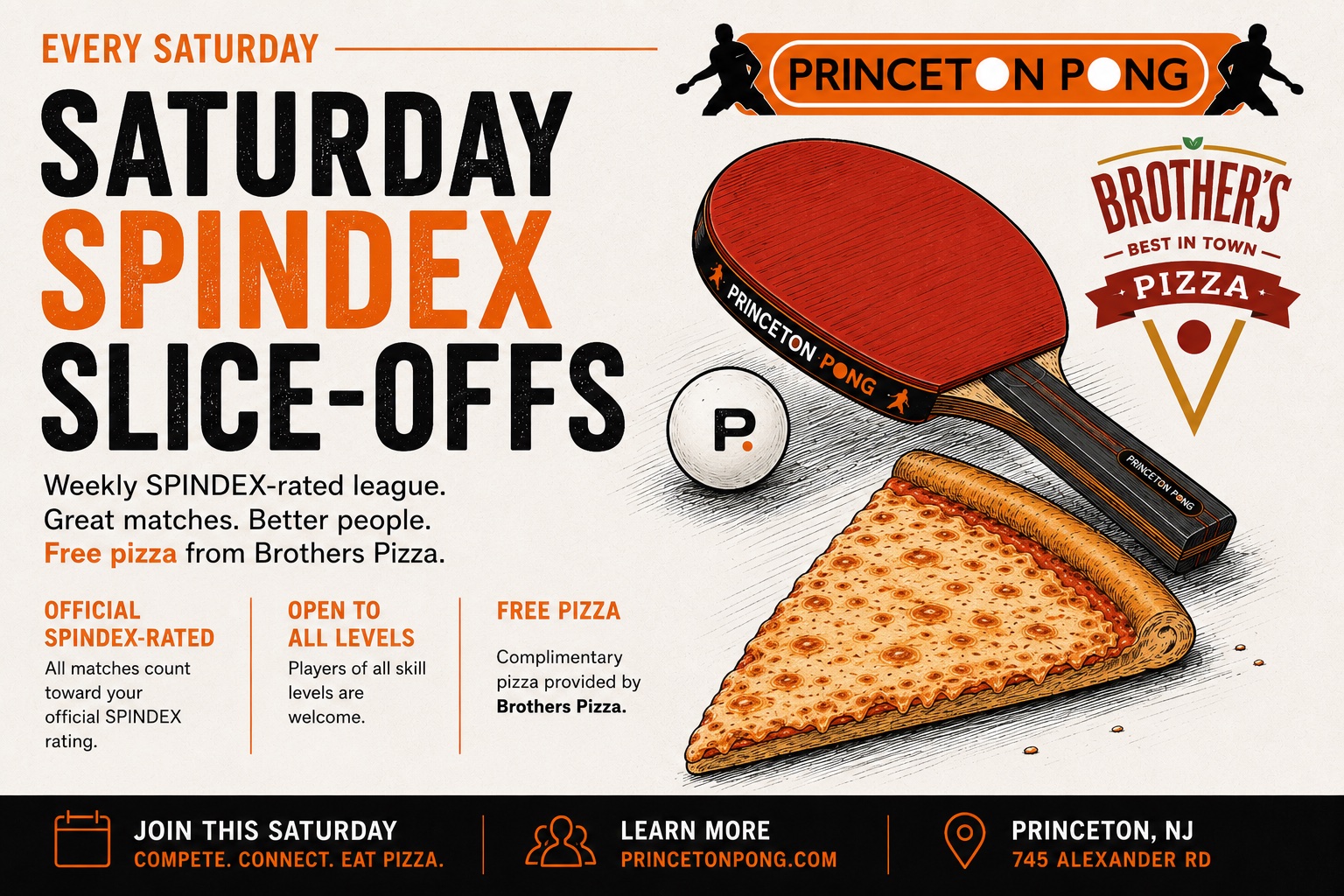 Saturday SPINDEX Slice-Offs, every Saturday. Weekly SPINDEX-rated league with free pizza from Brother's Pizza. Official SPINDEX-rated, open to all levels. Princeton, NJ, 745 Alexander Rd.